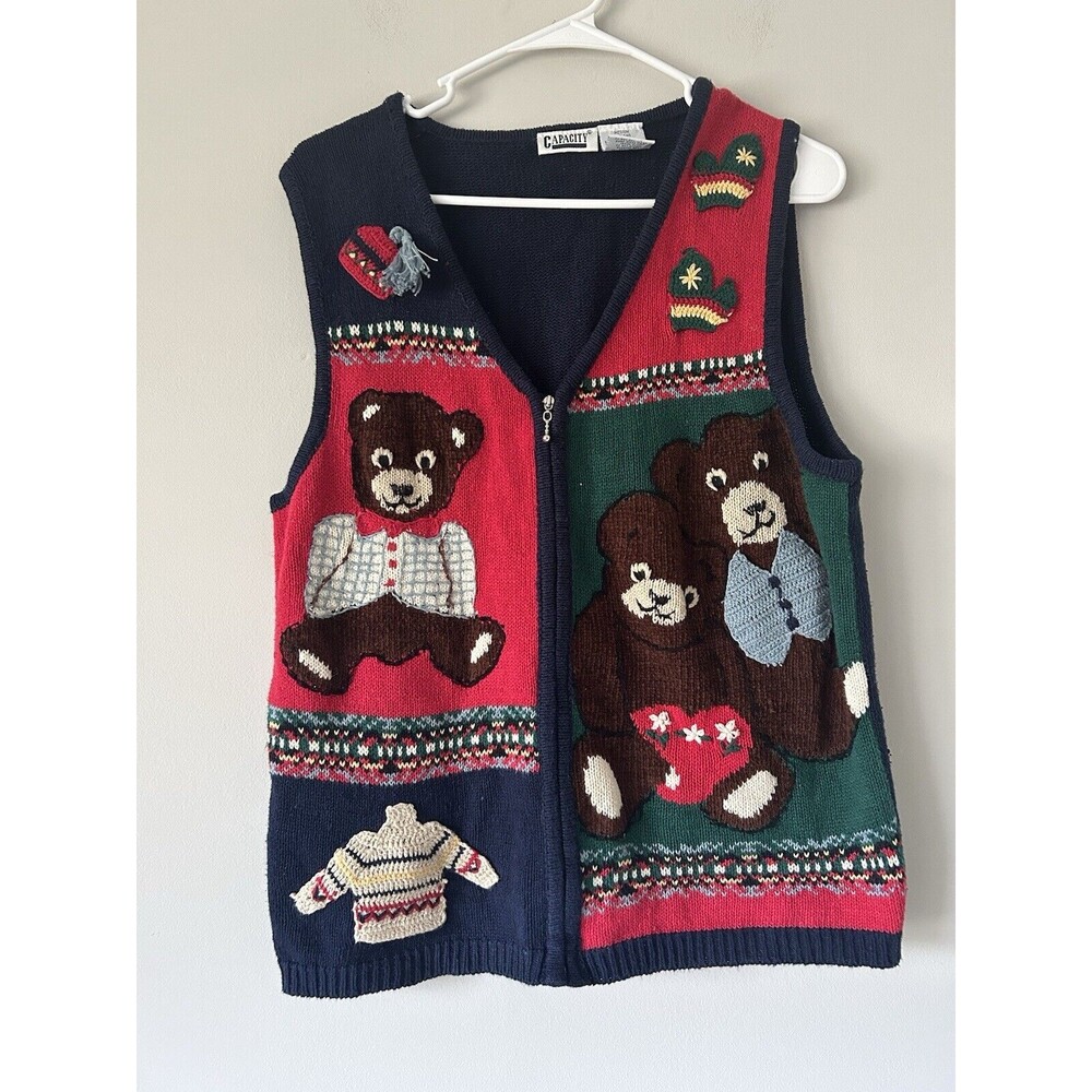Vintage Retro Cute Bear Zip Sweater Vest Size Medium Unique Colorful Holiday